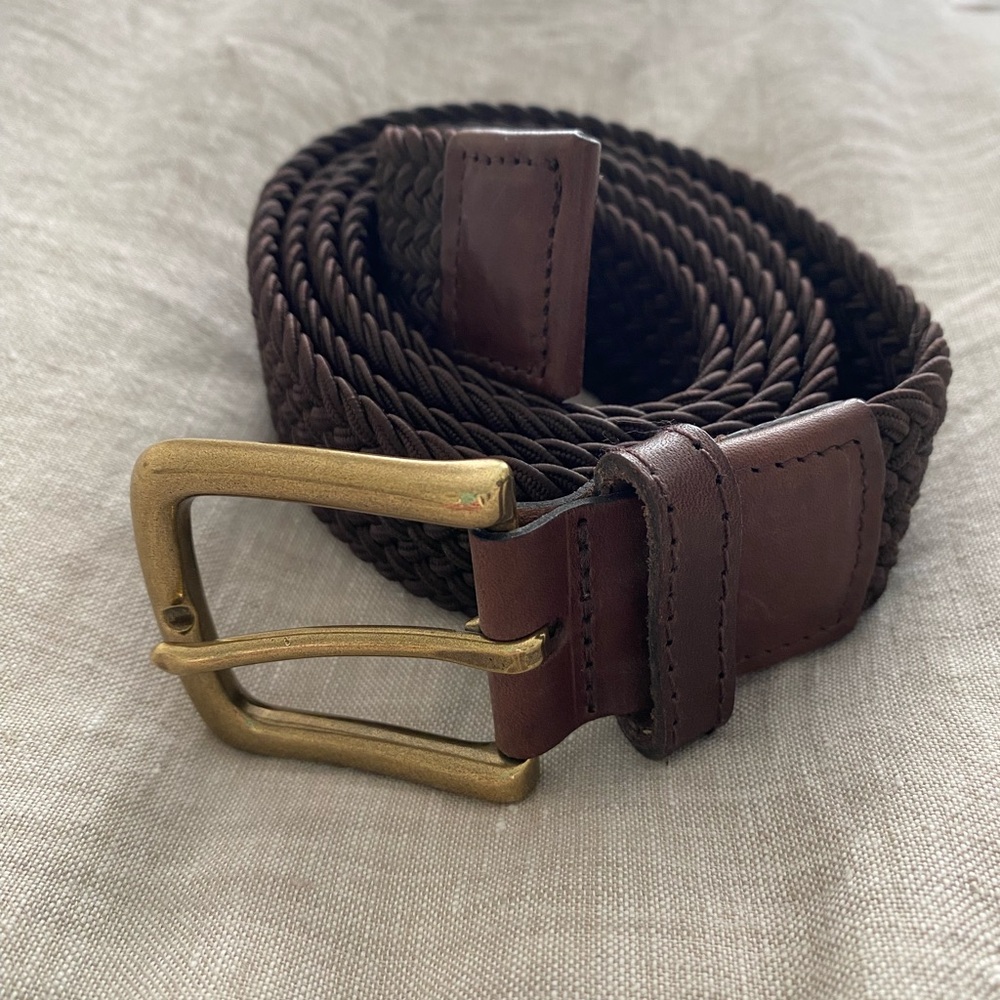 LL Bean Mens Braided Woven Stretch Belt Brown Leather Brass Buckle Sz 42 UK Made